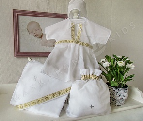 Крестильный набор для девочки 0-3 месяцев - Классика, 4 предмета, белый/золото (Makkaroni Kids, 00-0012736_0-3 мес Белый/золото)